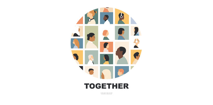 Together banner. Different people together in a circle. Flat vector illustration.	