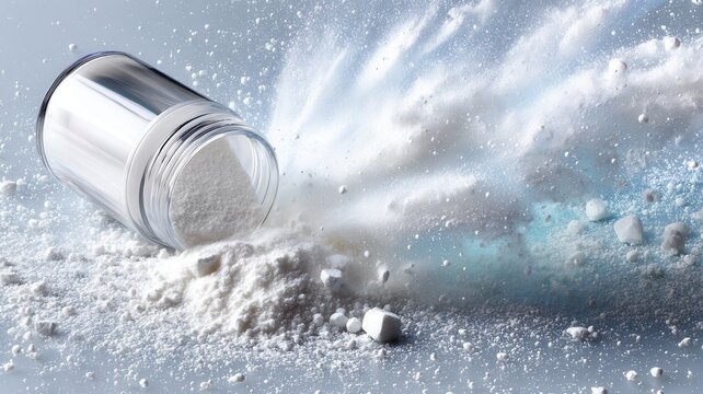 Scoop scattering white powder creating dynamic explosion of fine particles for health detergent concepts fitness