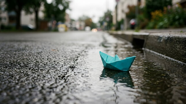 Turquoise paper boat floating in a water puddle near a street curb