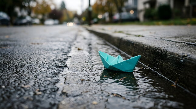 Turquoise paper boat floating in a water puddle near a street curb