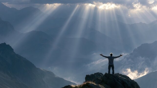 Person standing on mountain peak with arms outstretched experiencing success and sun rays freedom under