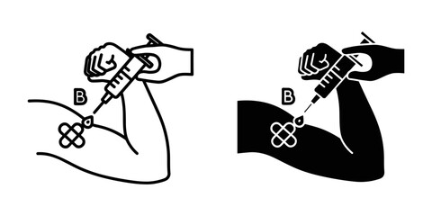 Vaccination injection with letter B label and bandage on arm icon set © ALI