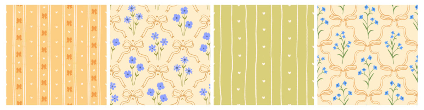Pattern with flower, bow, stripe, seamless floral wallpapers. Cute seamless patterns with spring flower, romantic bow, coquette print. Girly background, country motif. Vector illustrations set.