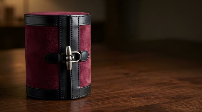 Elegant burgundy suede watch roll with leather accents on a wooden table