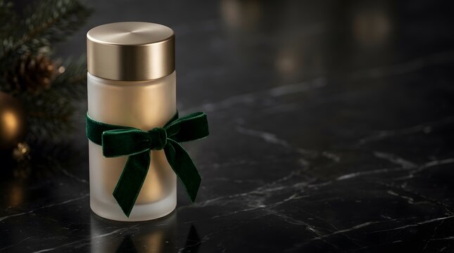 Luxury skincare cosmetic bottle with green velvet ribbon on black marble for Christmas gift