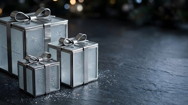 Elegant silver christmas gift boxes with snowflake patterns on a dark stone background