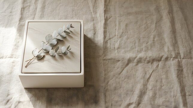 Minimalist marble box with eucalyptus branch on neutral linen fabric background