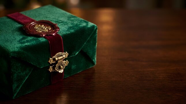 Luxury green velvet gift box with vintage wax seal on wooden table