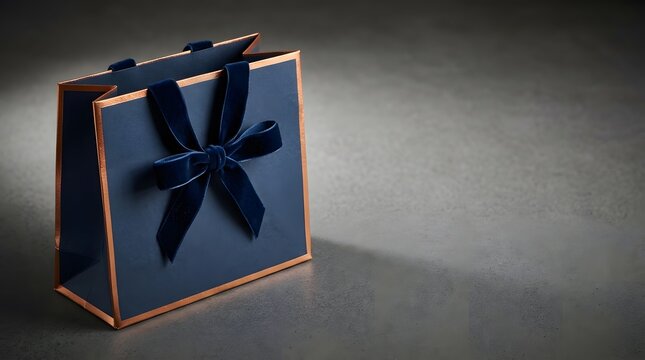 Elegant luxury navy blue gift bag with velvet ribbon on dark textured background