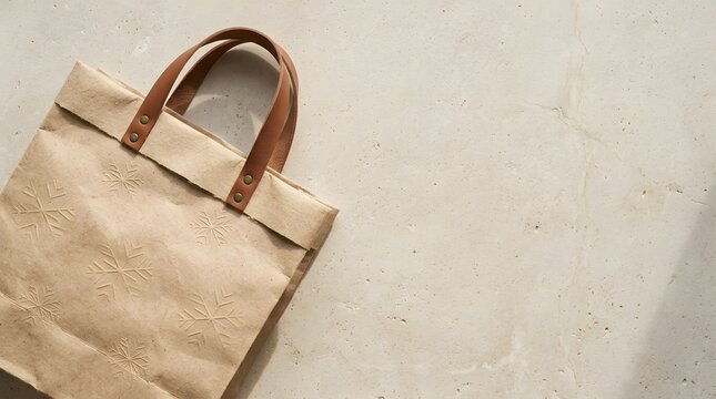 Eco friendly kraft paper tote bag with snowflake embossing and leather handles