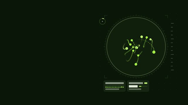 Seamless 4K looping scientific animation: random walk particles with trails. Flat vector microscope view with a circular field, measurement ticks and blank readout cards in green and emerald on a deep