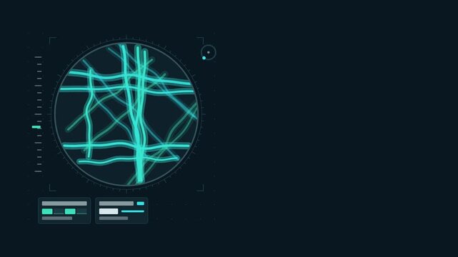 Seamless 4K looping scientific animation: birefringence field view shifting colors. Flat vector microscope view with a circular field, measurement ticks and blank readout cards in blue and azure on a 