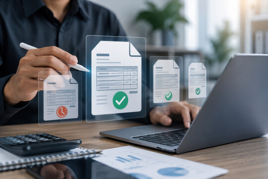 Business professional reviewing electronic invoices on laptop with stylus, automated billing dashboard and accounts receivable workflow showing paid and pending invoice verification for finance teams