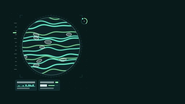 Seamless 4K looping scientific animation: tissue sample field swaying fibers. Flat vector microscope view with a circular field, measurement ticks and blank readout cards in teal and cyan on a deep da