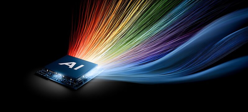 AI word on microchip and colorful light spread with strong beam , AI concept with copyspace banner background, Generative AI.