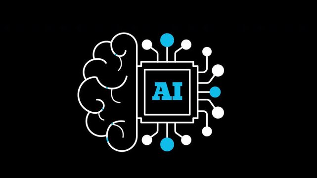 Artificial intelligence AI brain icon animation on transparent background with trim paths in and out. Cybernetic neural network processor, machine learning intellect, and smart tech system concept.