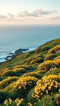 Emerald fairway meets golden gorse & endless ocean,  golf course,  turf