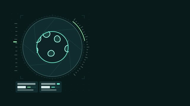Animated condenser aperture view following scale drawn as a clean laboratory interface in teal and cyan on a dark background. Smooth 4K seamless loop with blank data panels and room for text. Widescre