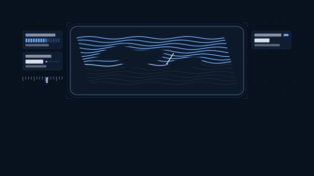 Seamless 4K looping scientific animation: topography probe view filling rows. Flat vector microscope view with a circular field, measurement ticks and blank readout cards in blue and azure on a deep d