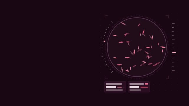 Animated polarization angle scan sweeping range drawn as a clean laboratory interface in purple and violet on a dark background. Smooth 4K seamless loop with blank data panels and room for text. Wides