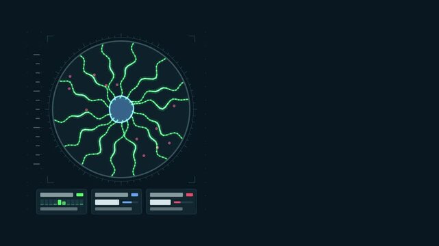 Animated cytoskeleton fluorescence wave along fibers drawn as a clean laboratory interface in blue and azure on a dark background. Smooth 4K seamless loop with blank data panels and room for text. Wid