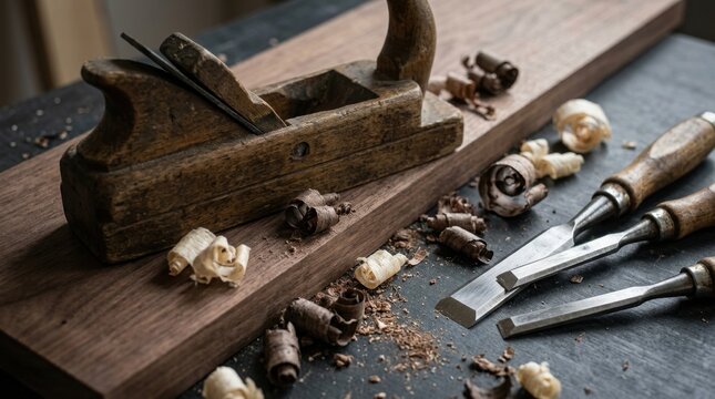 Weathered wooden hand plane and chisels arranged on timber in a traditional woodworking scene