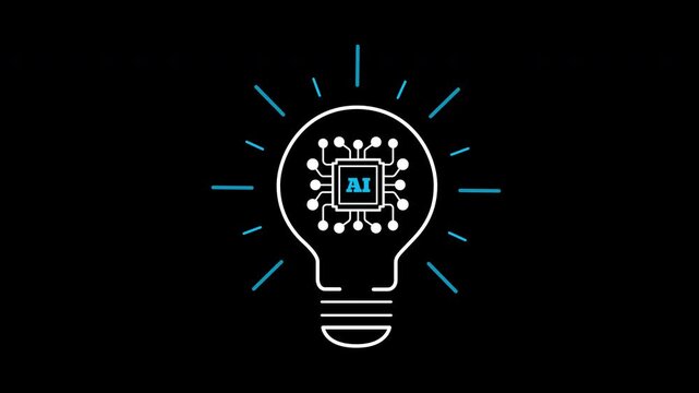 AI innovation icon animation on transparent background showing radiating lightbulb chip with trim paths in and out. Artificial intelligence creative breakthrough, and smart technology concept idea.
