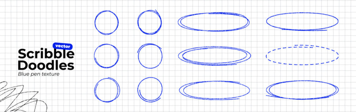 Hand drawn blue pen ovals and circle frames set. Scribble doodle set on notebook paper. Round bubbles to highlight text. Ellipses in crayon texture. Thin rough line. Vector illustration