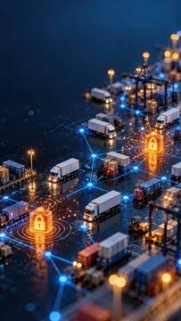 Global logistics supply chain harbor at night showing trucks connected by glowing blue digital network lines with orange lock icons representing secure transport.