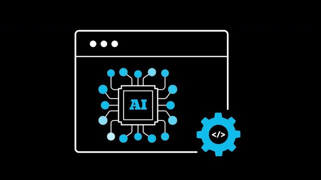 AI software coding icon animation on transparent background showing web window and programming gear with trim paths in and out. Artificial intelligence program development, and smart tech concept.