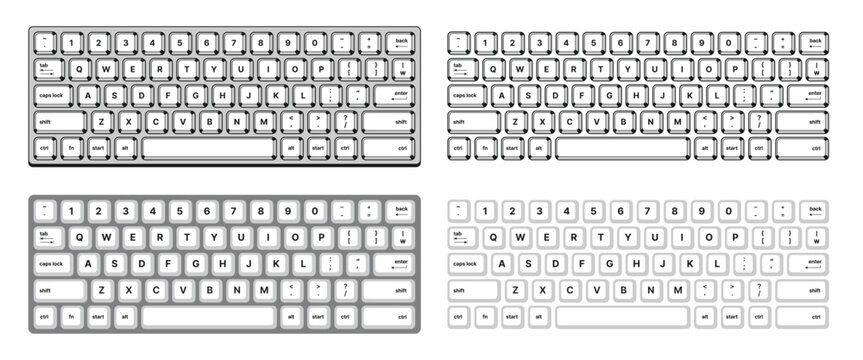 Keyboard Keycap Collection, Black and White Computer Keyboard Keys in Multiple Styles, Editable Stroke, EPS10