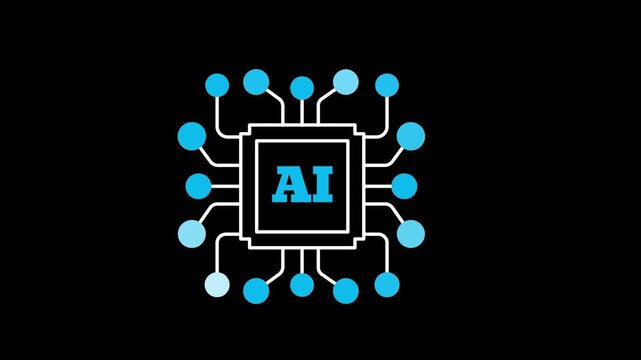 AI technology processor icon animation on transparent background showing central microchip and circuit nodes with trim paths in and out. Artificial intelligence hardware chip system concept idea.