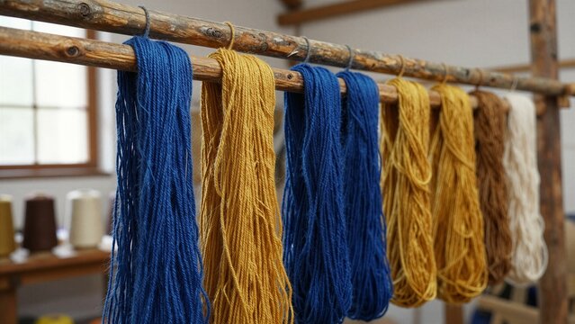 Vibrant yarn skeins in blue and yellow hang from rustic wooden rods inside a cozy textile workshop.