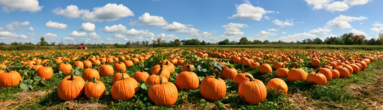 Pumpkin patch field displaying abundant autumn harvest