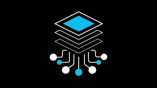 Deep learning icon animation on transparent background showing stacked neural network layers with trim paths in and out. Artificial intelligence machine learning algorithm model technology concept.