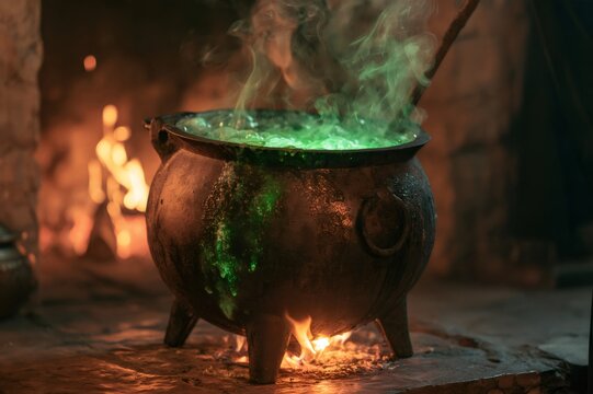 Cast iron cauldron brewing green potion with magic smoke