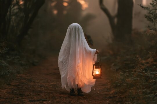 Ghost costume holding lantern walking in dark forest path