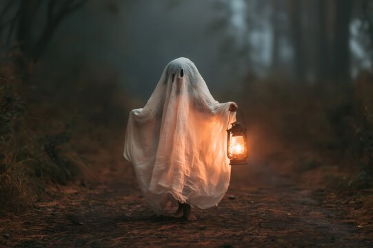 Ghost costume walking through foggy forest holding lantern