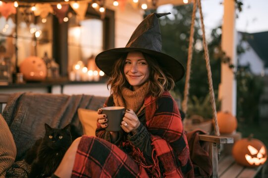Woman in witch hat enjoying Halloween evening with her cat