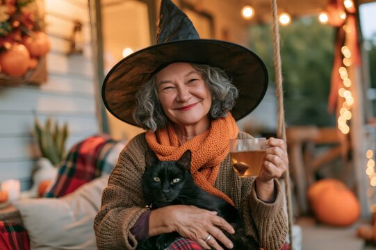 Senior woman celebrating Halloween with witch hat and black cat