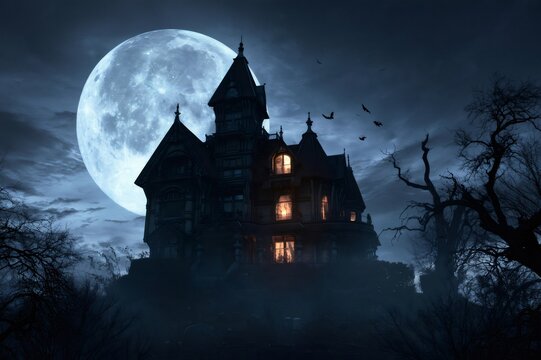 Haunted house standing on hill under glowing full moon at night