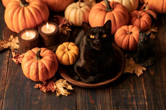 Black cat resting in wooden bowl among autumn pumpkins and burning candles