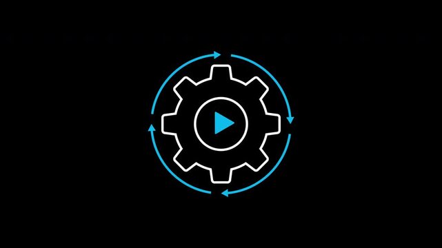 Workflow automation icon animation on transparent background showing gear with play button and sync arrows with trim paths in and out. Automated industrial operational process technology concept.