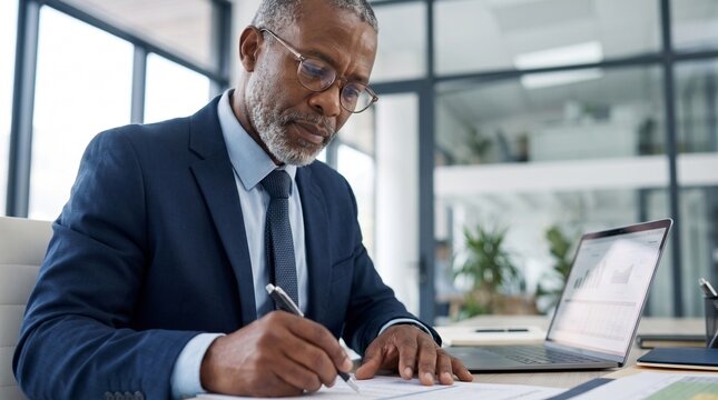 Senior Compliance Officer Reviewing Financial Reports and Assessing Business Risk