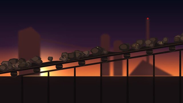 Animated mining haul trucks drive along open pit mine haul roads at golden sunset. Stylized silhouettes with dust trails, spinning wheels and terraced benches. Seamless looping 4K motion graphic.