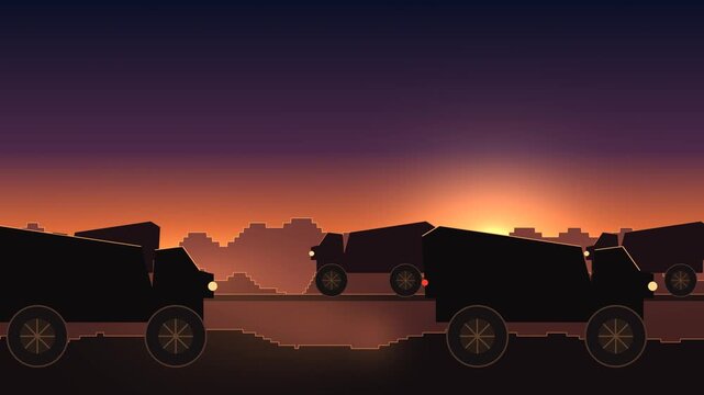 Animated conveyor belt carries ore lumps with glinting gold-bearing rocks past a mining processing plant at dusk. Rollers turn and a beacon blinks. Seamless looping 4K industrial motion graphic.
