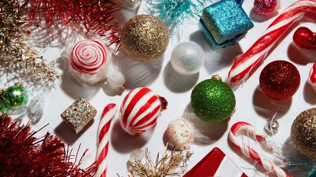 14.Playful frame of assorted holiday decorations including glittering baubles, candy canes, miniature gift boxes, and tinsel arranged around white background, colorful shadows and reflections adding