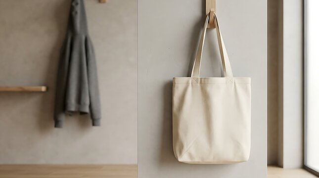 Canvas tote bag hanging on wall next to hooded jacket on hook