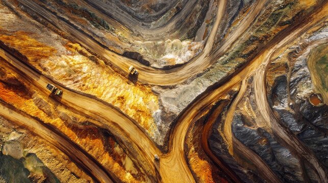 37.Aerial perspective of open pit mine spiraling roads, gigantic yellow haul truck moving along curved path, golden-toned ore textures, rugged terrain, atmospheric haze, dynamic diagonal layout ideal