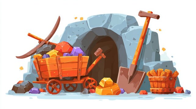 42.Playful cartoon style set of mining tools and equipment, colorful shovel and pickaxe crossed, wooden cart filled with shiny coal pieces and gold gemstones, bundle of dynamite sticks with fuse,